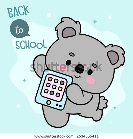 Back to School Kids. Cute Koala Bear Cartoon holding Tablet. School Supplies Stationery. Kawaii Animals Whimsical Character. Flat Illustration.
