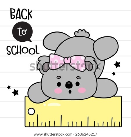 Back to School Kids. Cute Koala Bear Cartoon holding on Ruler School Supplies Stationery. Kawaii Animals Baby girl Whimsical Character. Flat Illustration.