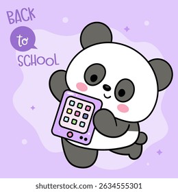 De volta à escola. Bela Panda Bear Cartoon segurando Comprimido. Material Escolar Papelaria. Kawaii Animais Caráter Caprichoso. Ilustração plana.
