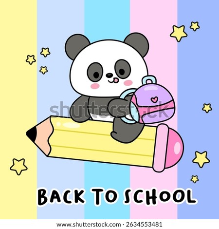 Back to School Kids. Cute Panda Bear Cartoon ride Pencil with Backpack. School Supplies Stationery. Kawaii Animals Whimsical Character. Flat Illustration.