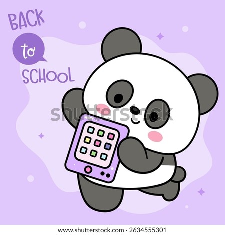 Back to School Kids. Cute Panda Bear Cartoon holding Tablet. School Supplies Stationery. Kawaii Animals Whimsical Character. Flat Illustration.