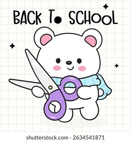 Back to School Kids. Cute Polar Bear Cartoon holding Scissors School Supplies Stationery. Kawaii Animals Whimsical Character. Flat Illustration.