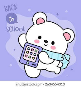 Back to School Kids. Cute Polar Bear Cartoon holding Tablet. School Supplies Stationery. Kawaii Animals Whimsical Character. Flat Illustration.