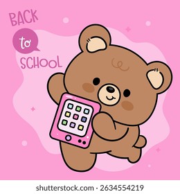 Back to School Kids. Cute Teddy Bear Cartoon holding Tablet. School Supplies Stationery. Kawaii Animals Whimsical Character. Flat Illustration.