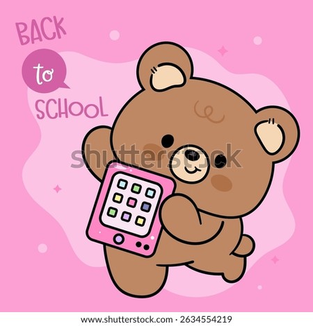 Back to School Kids. Cute Teddy Bear Cartoon holding Tablet. School Supplies Stationery. Kawaii Animals Whimsical Character. Flat Illustration.