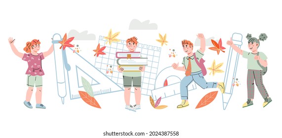 Back to school and kids education background with school children among various stationery items, flat cartoon vector illustration.