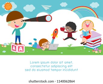 back to school, kids school, education concept, Kids go to school, Template for advertising brochure, your text, kids and frame,child and frame, cartoon happy children,Vector Illustration