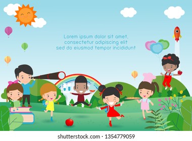 back to school, kids school, education concept, Kids go to school, Template for advertising brochure, your text,Kids and frame,child and frame,Vector Illustration, cartoon happy children.Illustration