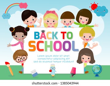 back to school, kids school, education concept, welcome back to school, Template for advertising brochure, your text,Kids and frame,child and frame,cartoon happy children Vector Illustration.