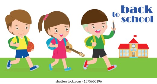 back to school, kids school, education concept, Kids go to school, Template for advertising brochure, your text, cartoon happy children, child and frame,Vector Illustration.