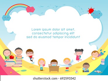 back to school, kids school, education concept, Kids go to school, Template for advertising brochure, your text,Kids and frame,child and frame,Vector Illustration, cartoon happy children.Illustration