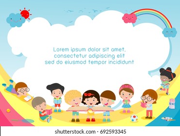 back to school, kids school, education concept, Kids go to school, Template for advertising brochure, your text,Kids and frame,child and frame,Vector Illustration, cartoon happy children.Illustration