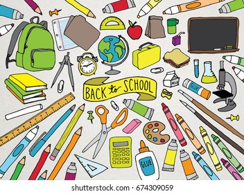 Back to School, Kids Education and School Supplies Hand Drawn Clip Art