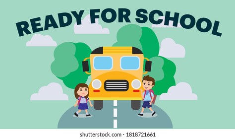 back to school kids going to school in bus vector flat illustration