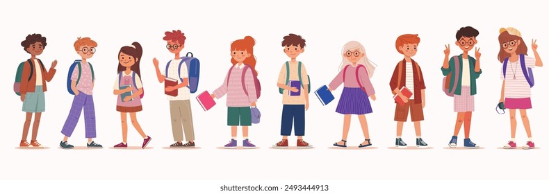 De vuelta a la escuela niños dibujado a mano estilo, tema de la educación. Niños y niñas con mochilas y librosIlustración vectorial.