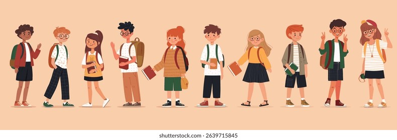 Back to school kids hand drawn style, education theme. Boys and girls with backpacks and booksVector illustration.
