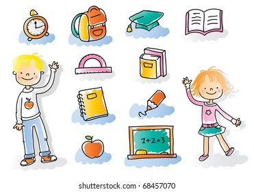 back to school kids with school icon set, watercolor style colored, grouped and layered for easy editing