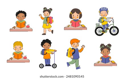 Back to school kids illustration set. Children reading books, walking with backpacks, riding bikes and scooters. Perfect for educational materials, school promotions, and children's products.
