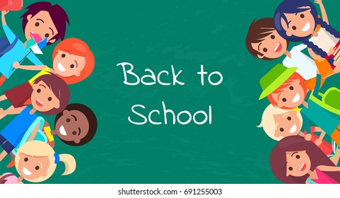 Back to school kids isolated vector illustration with inscription on green background. Joyful children during classes or on break