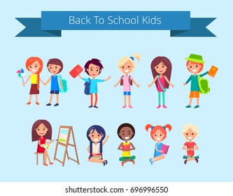 Back to school kids isolated vector illustration with inscription on light blue background. Joyful children during classes or on break