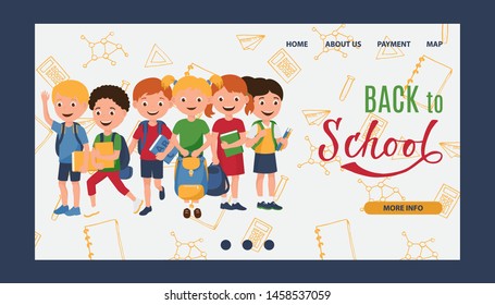 Back to school, kids learning, education vector illustration. Kids go to school with books and backpacks. Template for web, cartoon happy children with school doodles background.