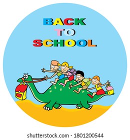 Back to school, kids on dinosaur, funny vector illustration at circle frame