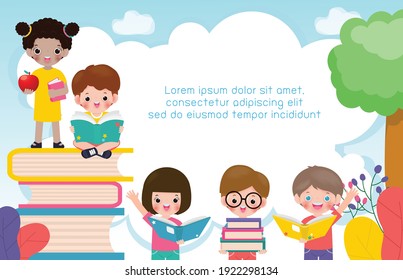 back to school with school kids reading book education concept, cartoon happy children background banner Template for advertising brochure, your text, child and frame isolated Vector Illustration