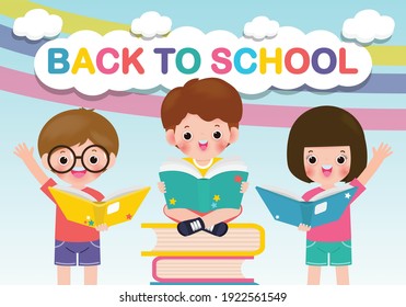 volver a la escuela con escolares leyendo concepto de educación de libros, caricatura niños felices banner Plantilla para folleto publicitario, su texto, niño y marco aislado Vector Ilustración