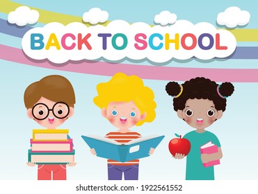 back to school with school kids reading book education concept, cartoon happy children background banner Template for advertising brochure, your text, child and frame isolated Vector Illustration