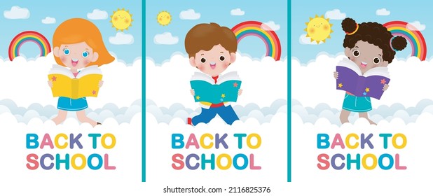 back to school with school kids reading book education concept, cartoon happy children background banner Template for advertising brochure, your text, child and frame isolated Vector Illustration