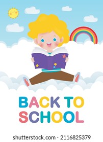 back to school with school kids reading book education concept, cartoon happy children background banner Template for advertising brochure, your text, child and frame isolated Vector Illustration