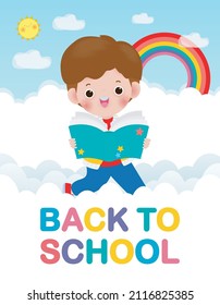 back to school with school kids reading book education concept, cartoon happy children background banner Template for advertising brochure, your text, child and frame isolated Vector Illustration
