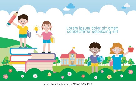 back to school with school kids reading book education concept, cartoon happy children background banner Template for advertising brochure, your text, child and frame isolated Vector Illustration