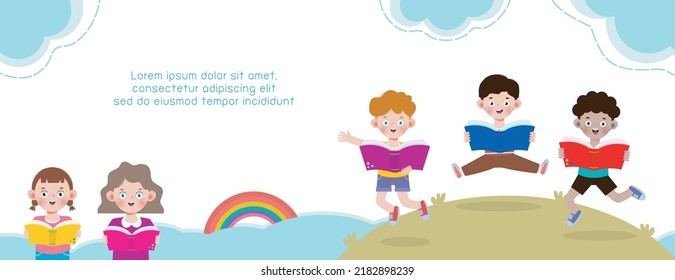 volver a la escuela con escolares leyendo concepto de educación de libros, caricatura niños felices banner Plantilla para folleto publicitario, su texto, niño y marco aislado Vector Ilustración