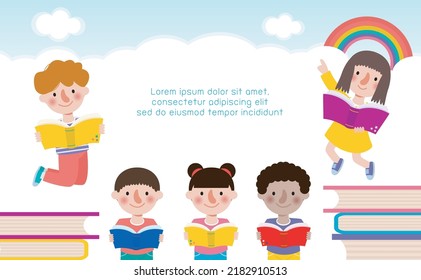 volver a la escuela con escolares leyendo concepto de educación de libros, caricatura niños felices banner Plantilla para folleto publicitario, su texto, niño y marco aislado Vector Ilustración