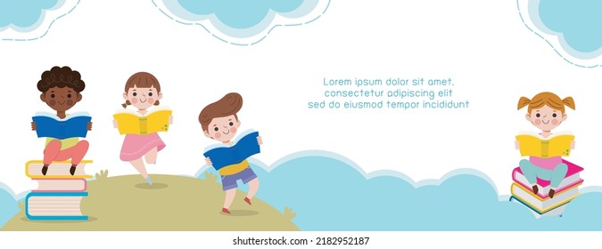 back to school with school kids reading book education concept, cartoon happy children background banner Template for advertising brochure, your text, child and frame isolated Vector Illustration