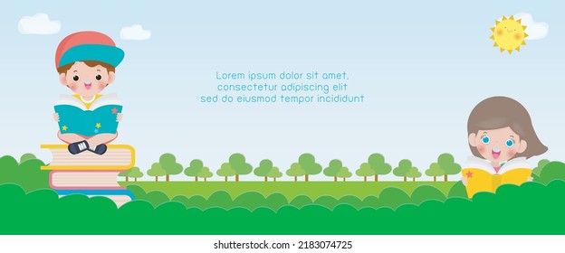 back to school with school kids reading book education concept, cartoon happy children background banner Template for advertising brochure, your text, child and frame isolated Vector Illustration