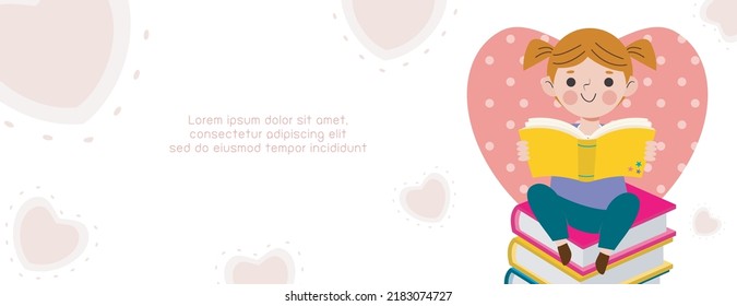 back to school with school kids reading book education concept, cartoon happy children background banner Template for advertising brochure, your text, child and frame isolated Vector Illustration