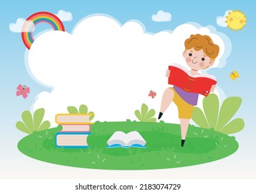 back to school with school kids reading book education concept, cartoon happy children background banner Template for advertising brochure, your text, child and frame isolated Vector Illustration