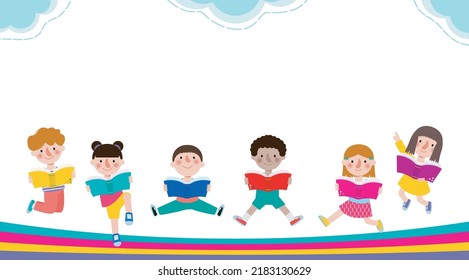 back to school with school kids reading book education concept, cartoon happy children background banner Template for advertising brochure, your text, child and frame isolated Vector Illustration