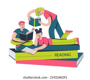 Back To School. School Kids Reading Books, Education Concept. Group Of Friends Studying Together. Reading Books Club. Vector Illustration