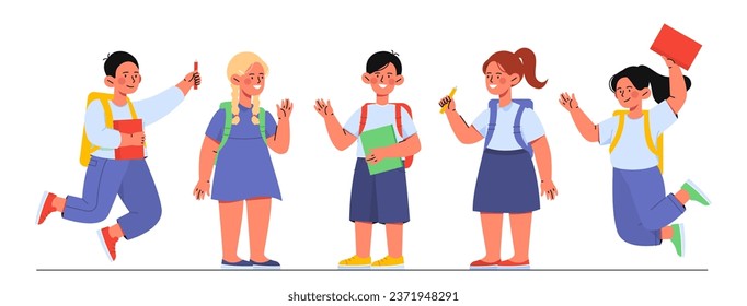 De vuelta a la escuela de los niños. Niños y niñas con uniforme escolar. Día internacional del conocimiento. Educación, aprendizaje y formación. Colección vectorial plana de dibujos animados aislada en fondo blanco