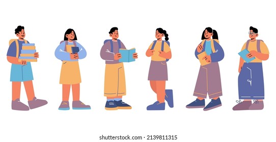 Back to school, kids students with backpacks and textbooks stand in row, boy and girls pupils reading books, education, learning and studying concept with children group, Line art vector illustration