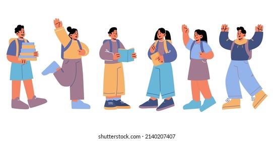 Back to school, kids students with backpacks and textbooks stand in row, boy and girls pupils reading books, education, learning and studying concept with children group, Line art vector illustration