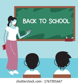back to school, kids studying in classroom with face masks vector illustration design