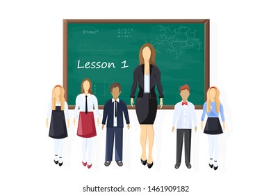 Back to school kids and teacher at the chalk board Vector. First lesson concept. Green board with mathematics formula