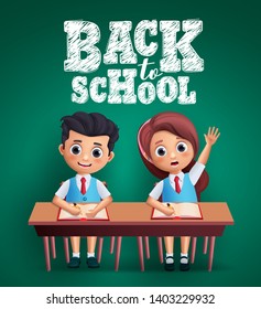 Back to School kids vector design. Boy and girl students sitting on the desk studying lessons and wearing uniform with back to school text in blackboard background. Vector illustration