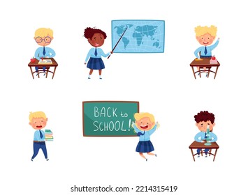 Back to School with Kids Wearing Blue Uniform and Tie Having Lesson Vector Set