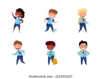 Back to School with Kids Wearing Blue Uniform and Tie Having Lesson Vector Set