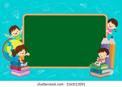 Back to school kids,education concept with boy and girl chalkboard pile of books
